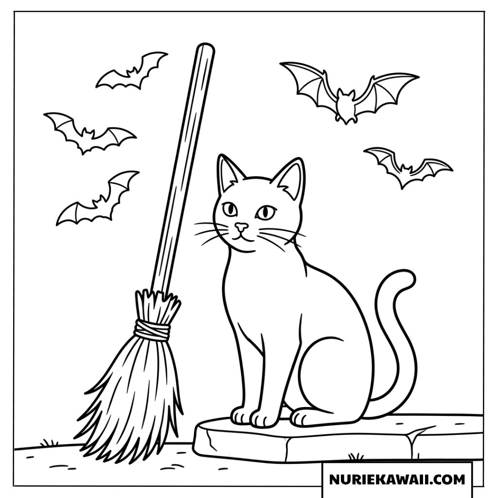 魔法のほうきと黒猫に空飛ぶコウモリのハロウィン塗り絵