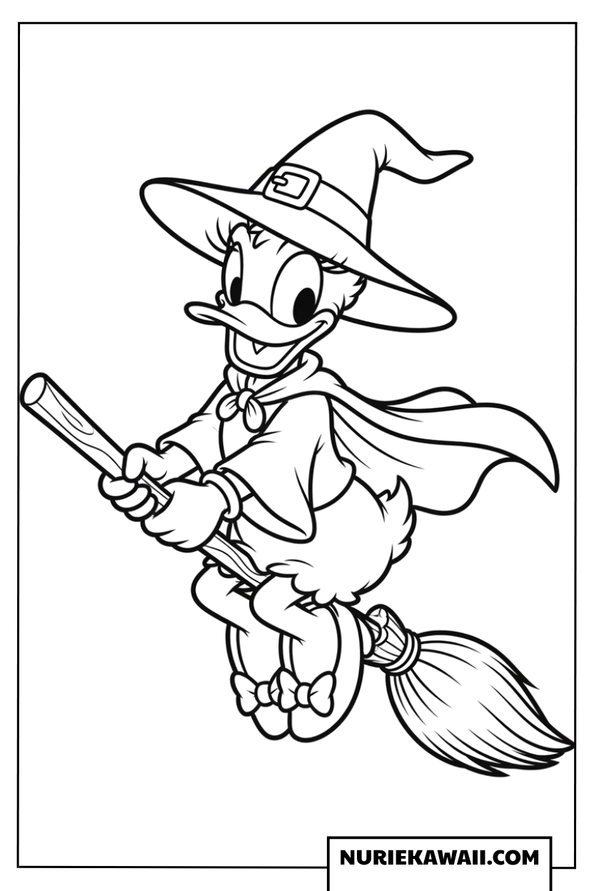 魔法のほうきに乗って空を飛ぶ魔女姿のデイジーダックのハロウィン塗り絵
