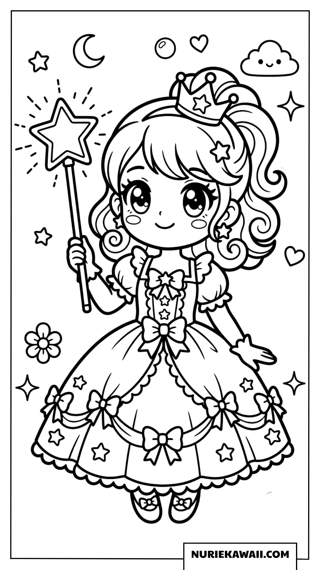 魔法のステッキを持つ可愛いお姫様の塗り絵