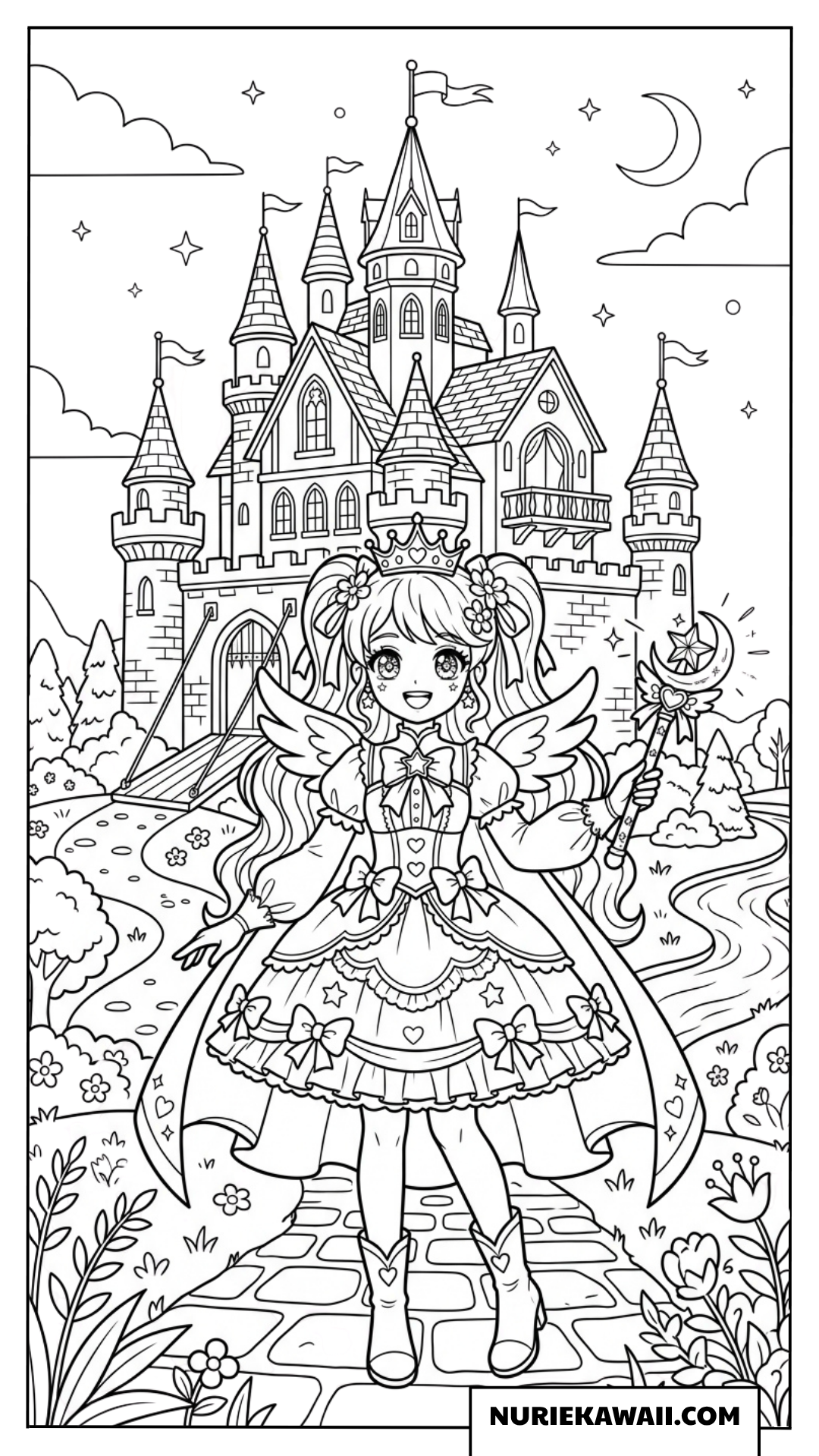 魔法の城の前に立つ可愛い羽のあるプリンセスの塗り絵