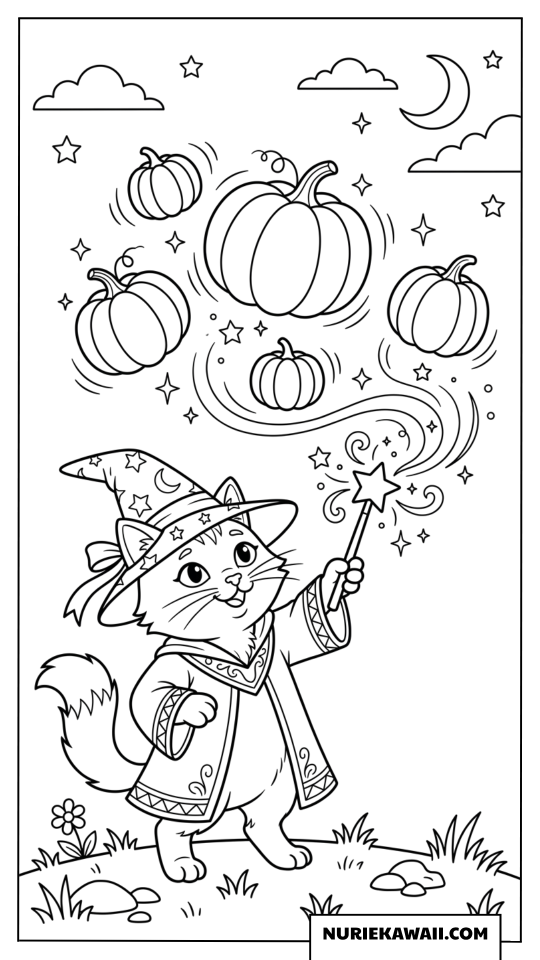 魔法の杖でカボチャを空中へ浮かせる魔法使いの猫の塗り絵