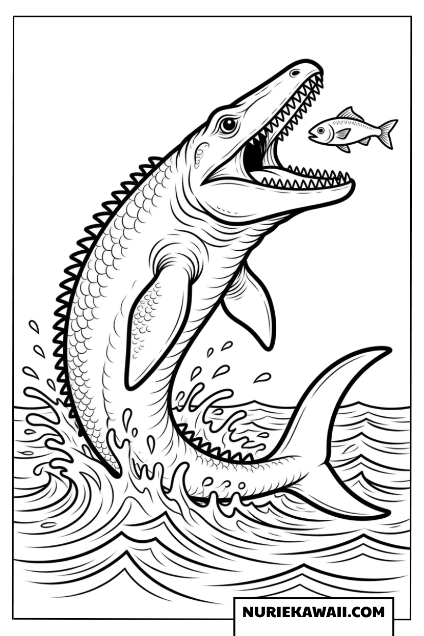 魚を捕まえるモササウルスの恐竜塗り絵