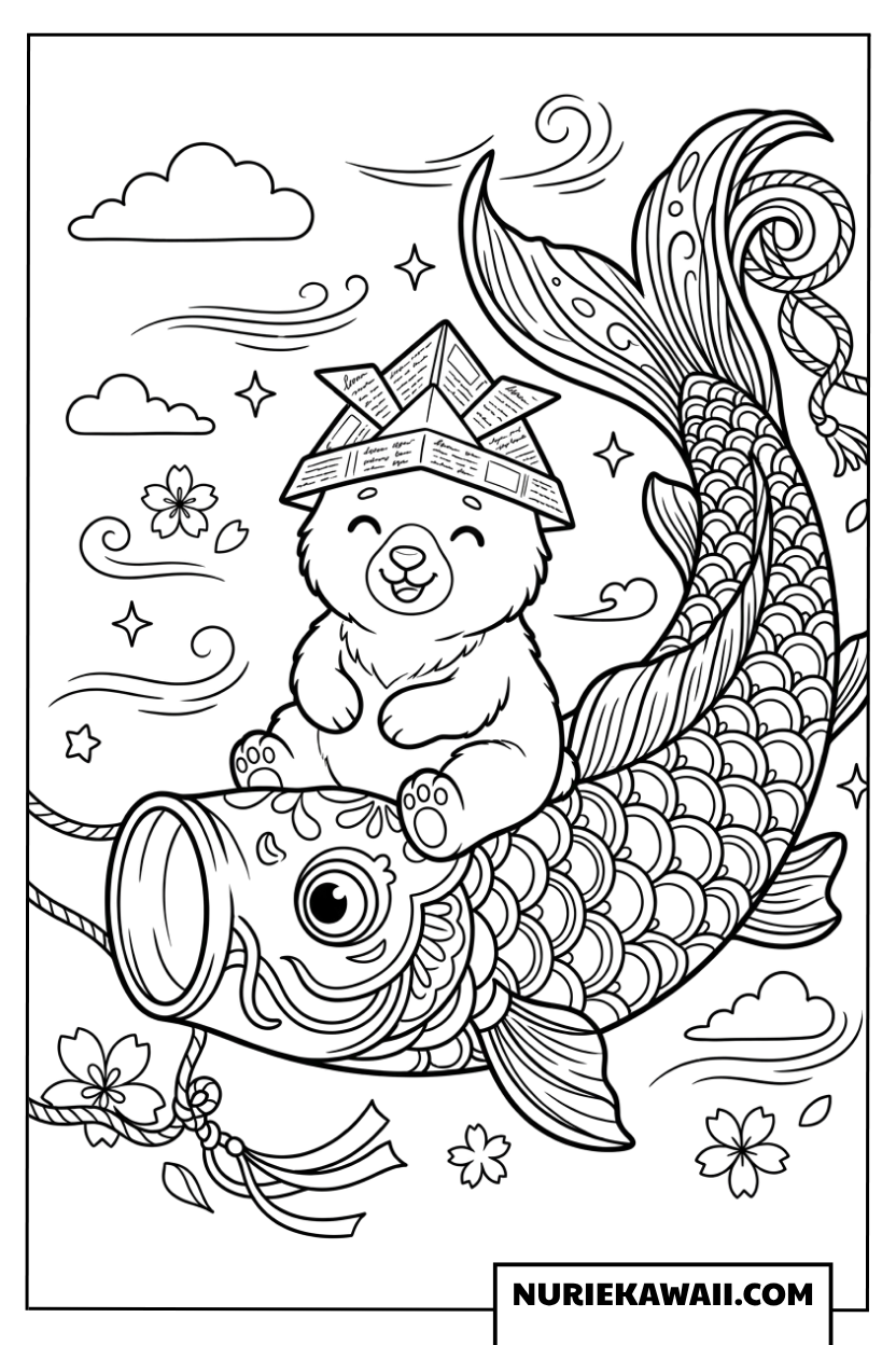 鯉のぼりに乗るくまの塗り絵