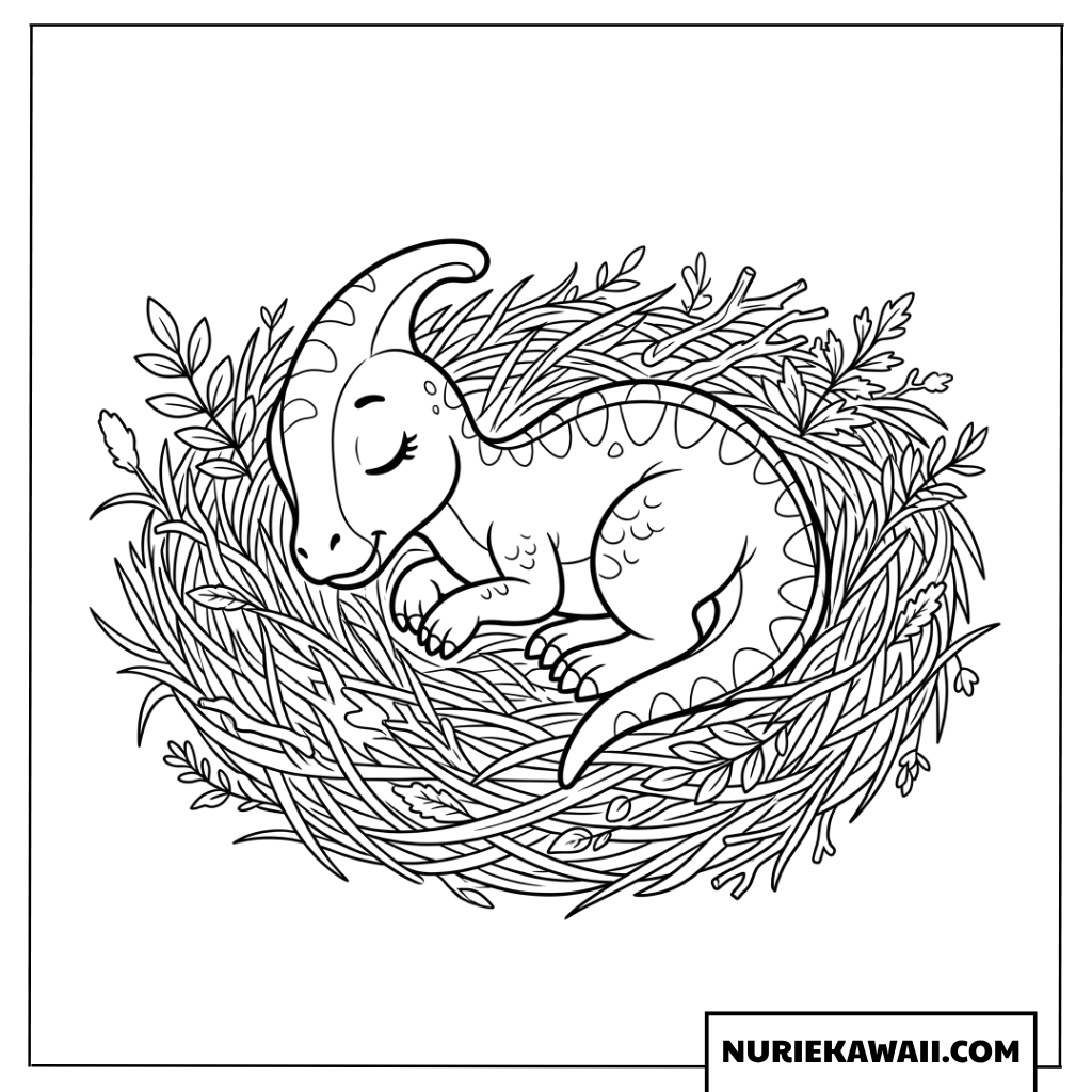 鳥の巣で気持ちよさそうに眠る可愛い赤ちゃん恐竜の塗り絵