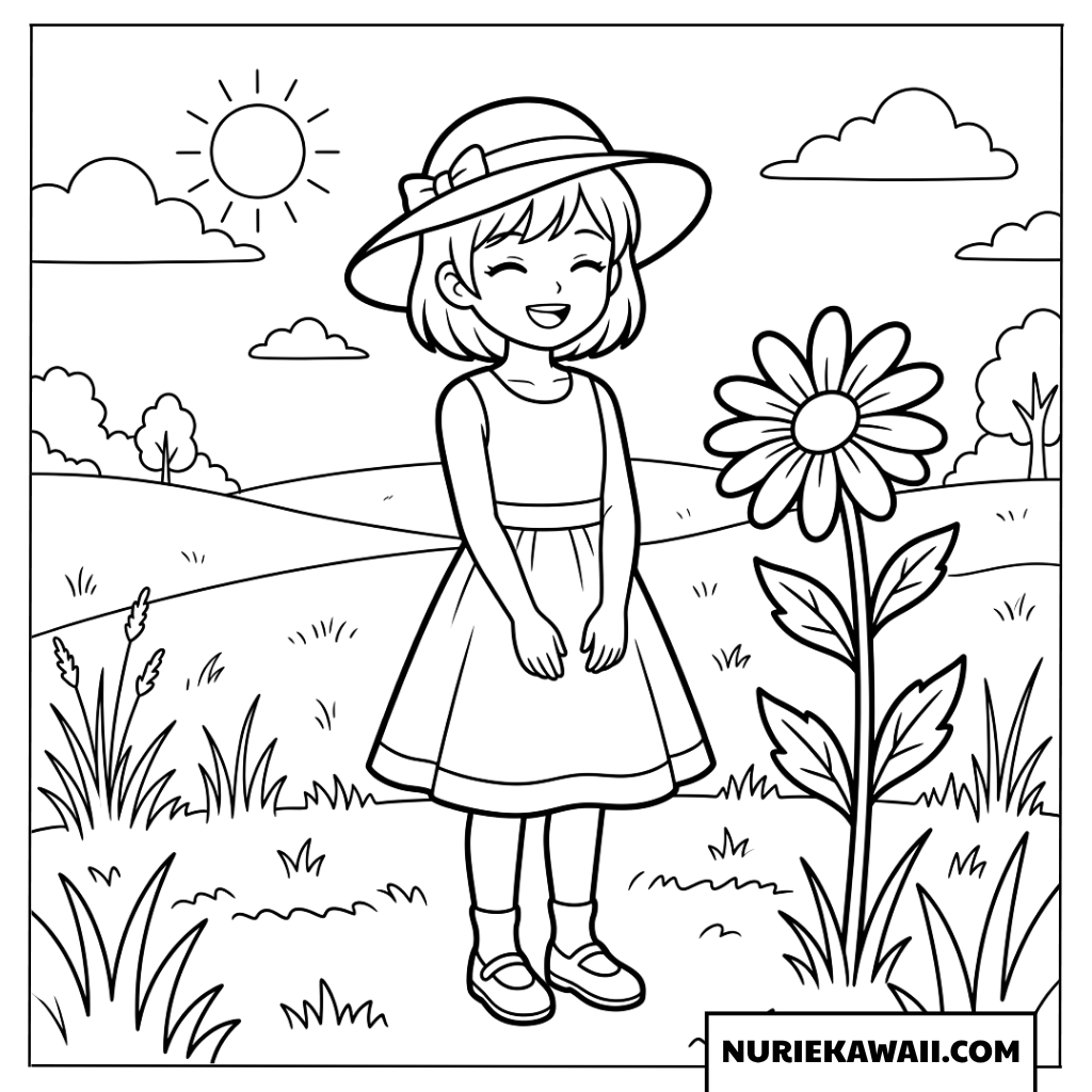 麦わら帽子をかぶったひまわり畑の可愛い女の子の塗り絵