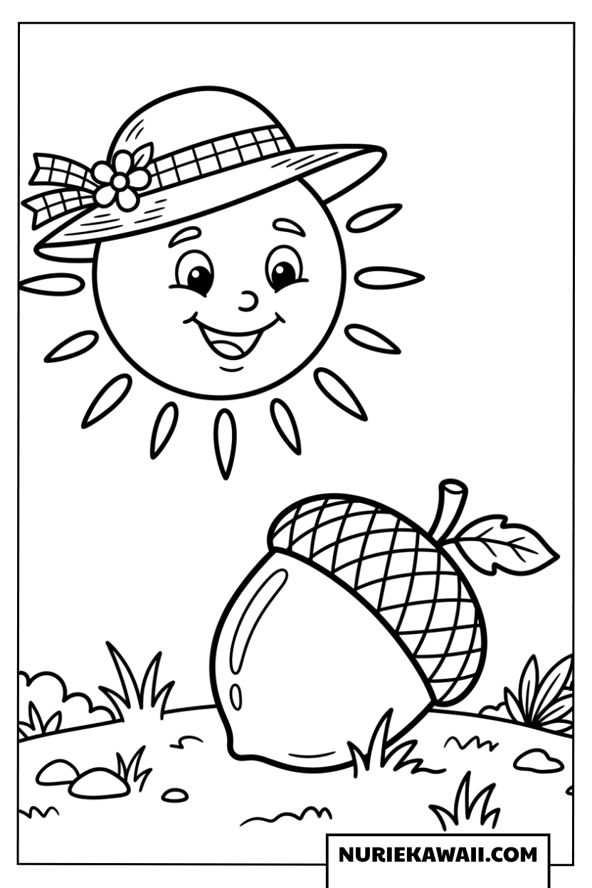 麦わら帽子を被った太陽と大きな秋のどんぐりの可愛い塗り絵