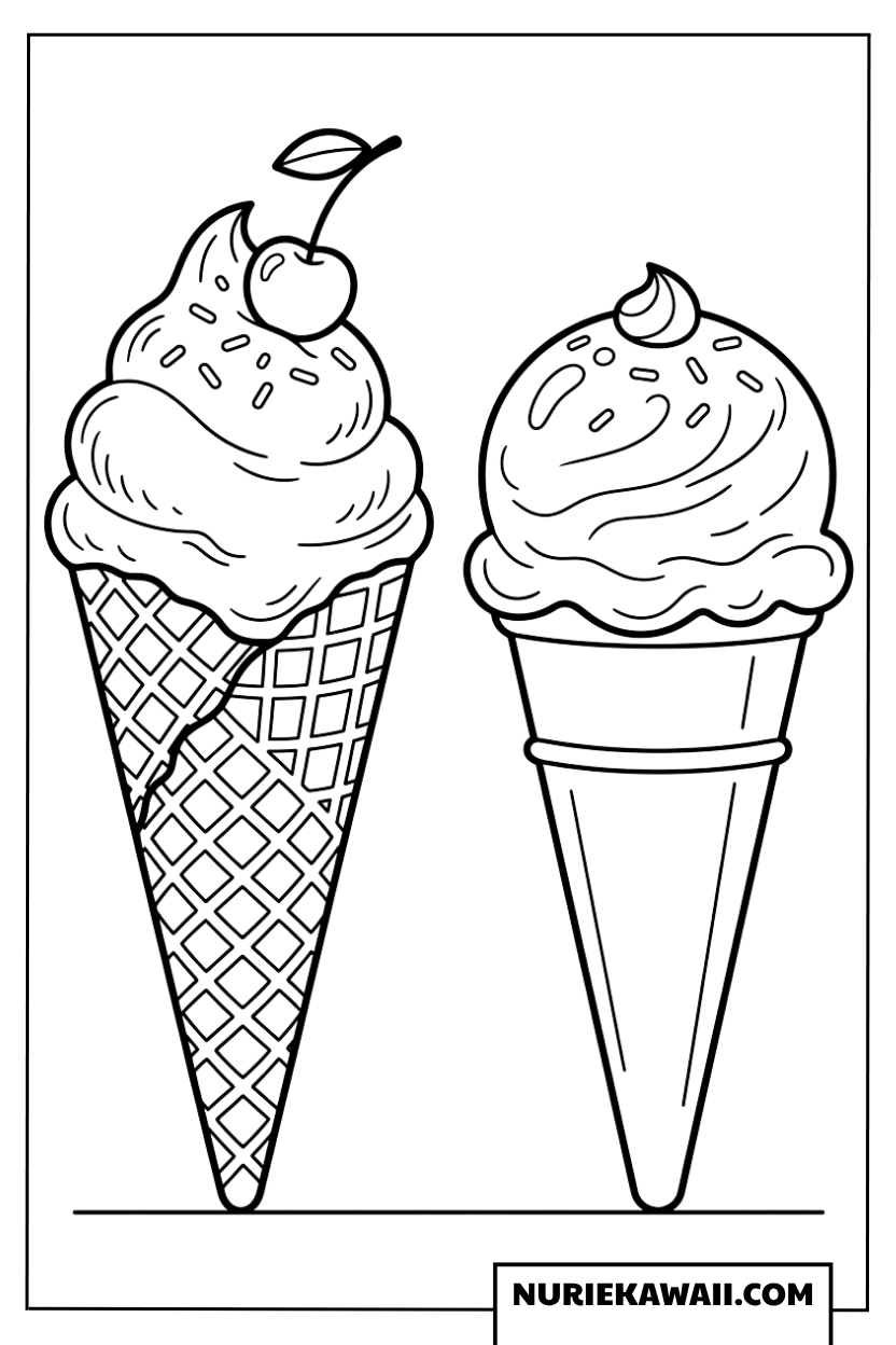 ２種類の異なるアイスクリームコーンの塗り絵