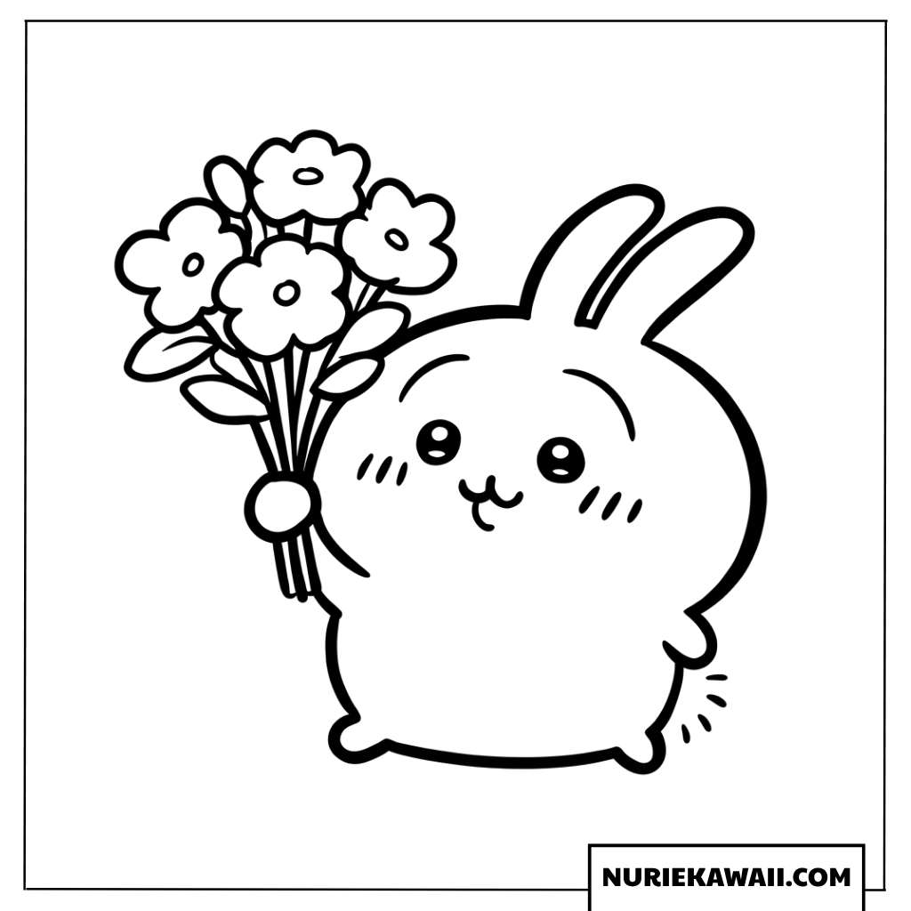 うさぎのきれいなお花束プレゼントぬりえ