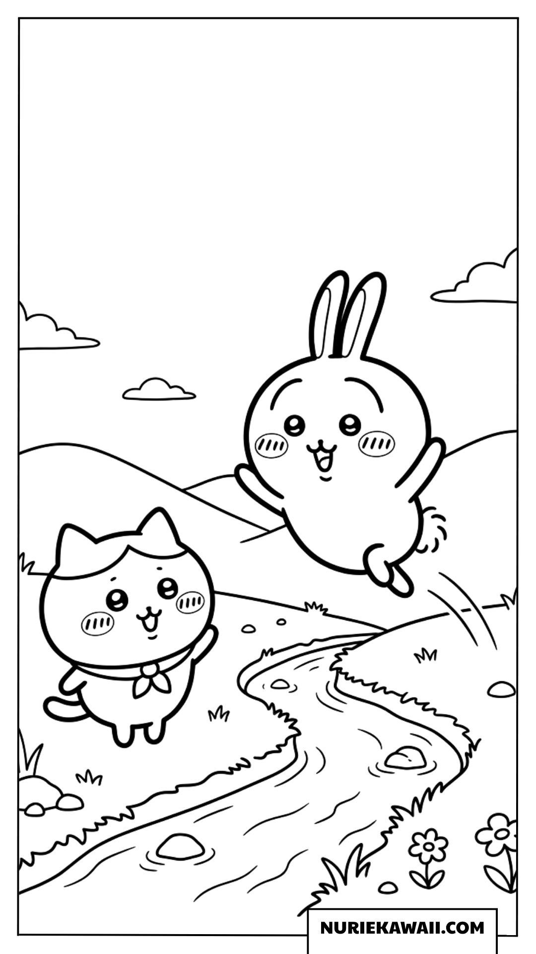 うさぎの川飛び越えピクニック塗り絵