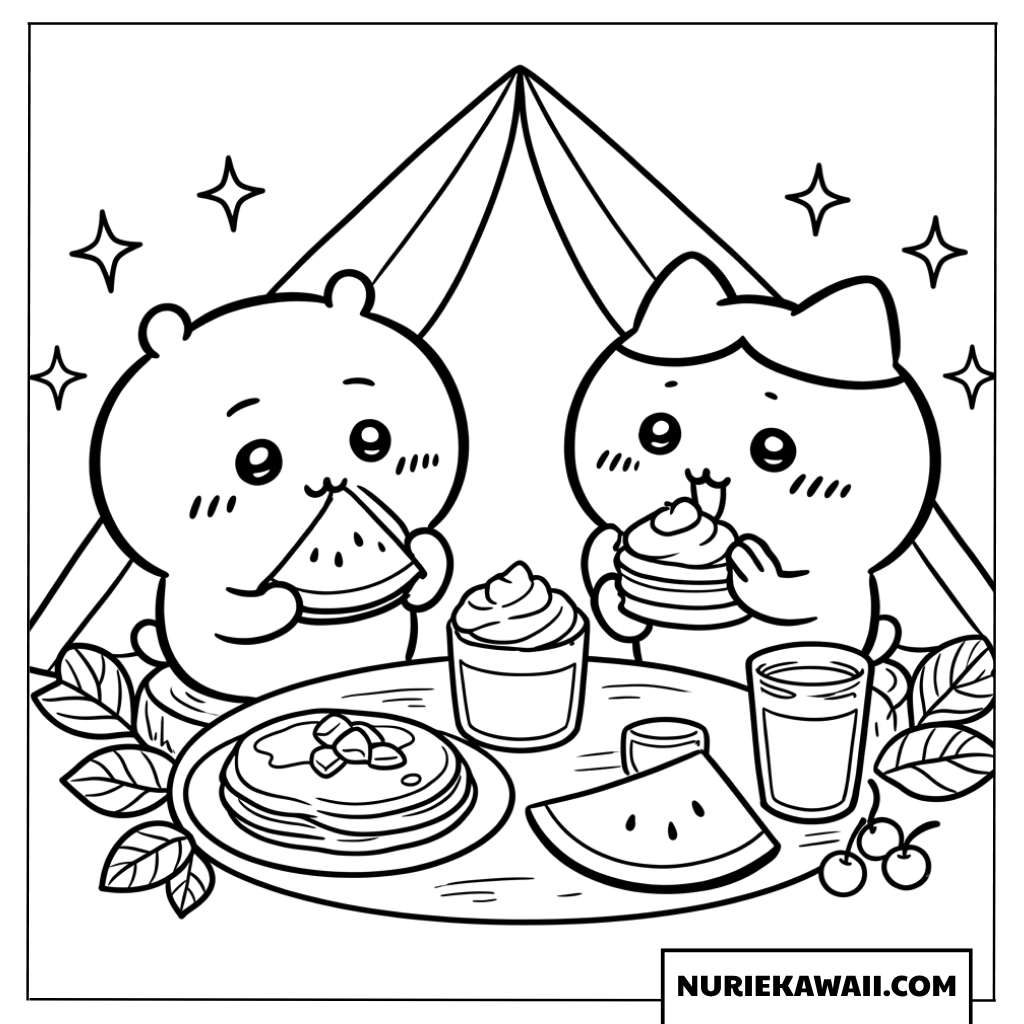 ちいかわたちのテント前スイカピクニック塗り絵