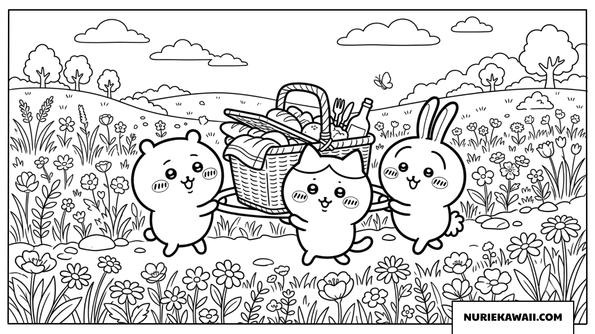 ちいかわたちのバスケットを運ぶピクニック塗り絵