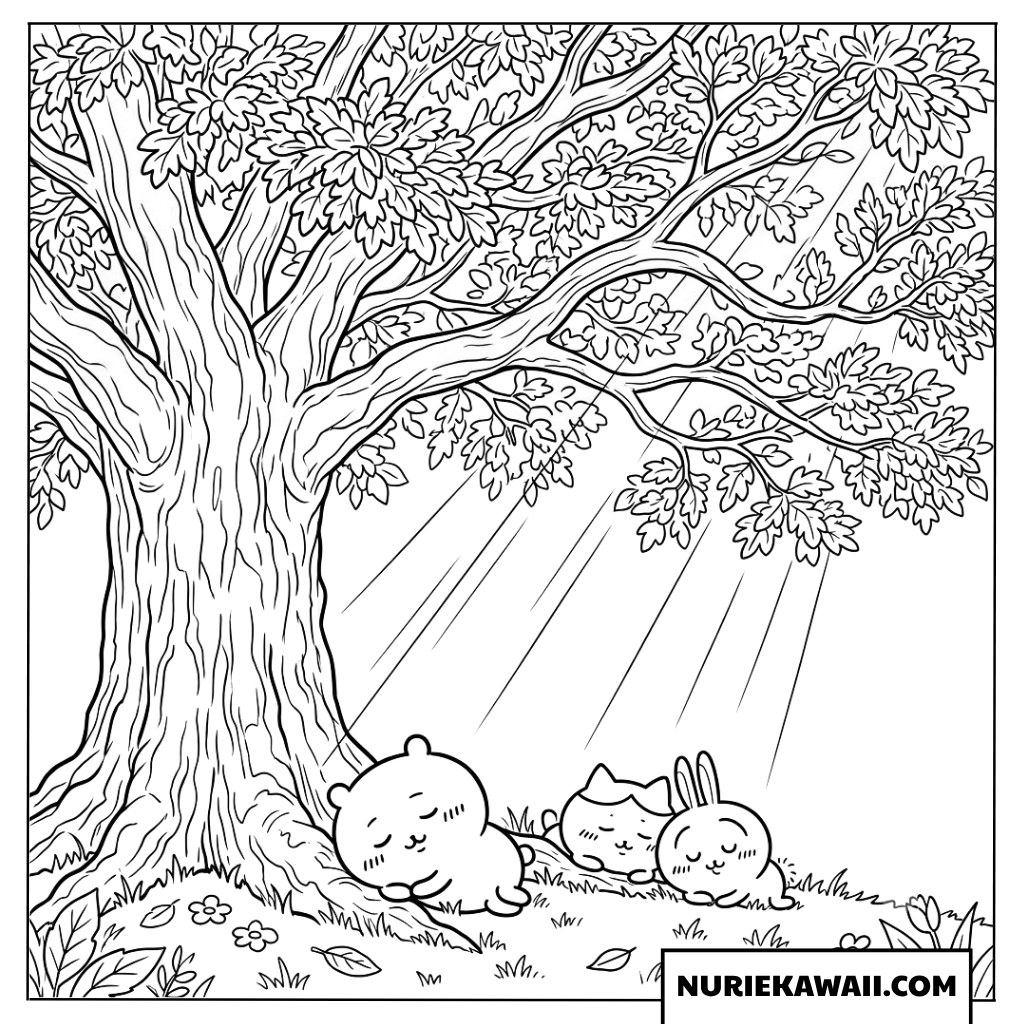 ちいかわたちの大木の下でのお昼寝ピクニック塗り絵