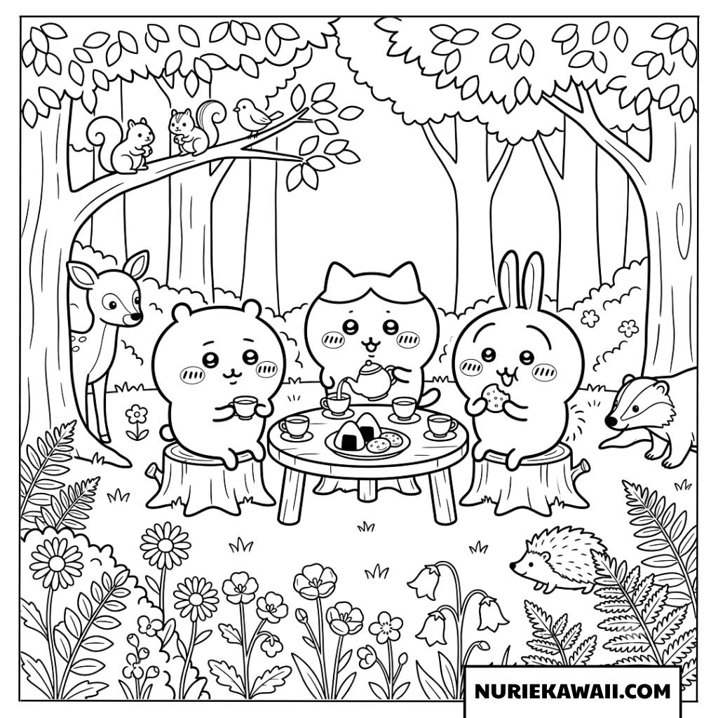 ちいかわたちの森のティーパーティピクニック塗り絵