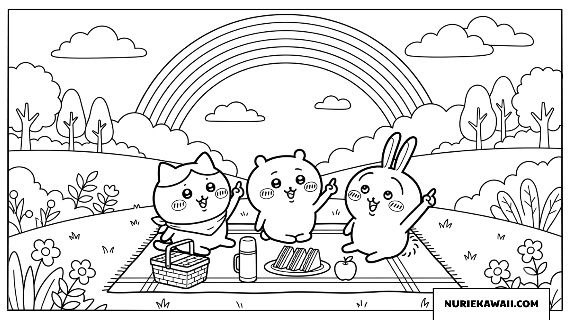 ちいかわたちの虹を見るピクニック塗り絵