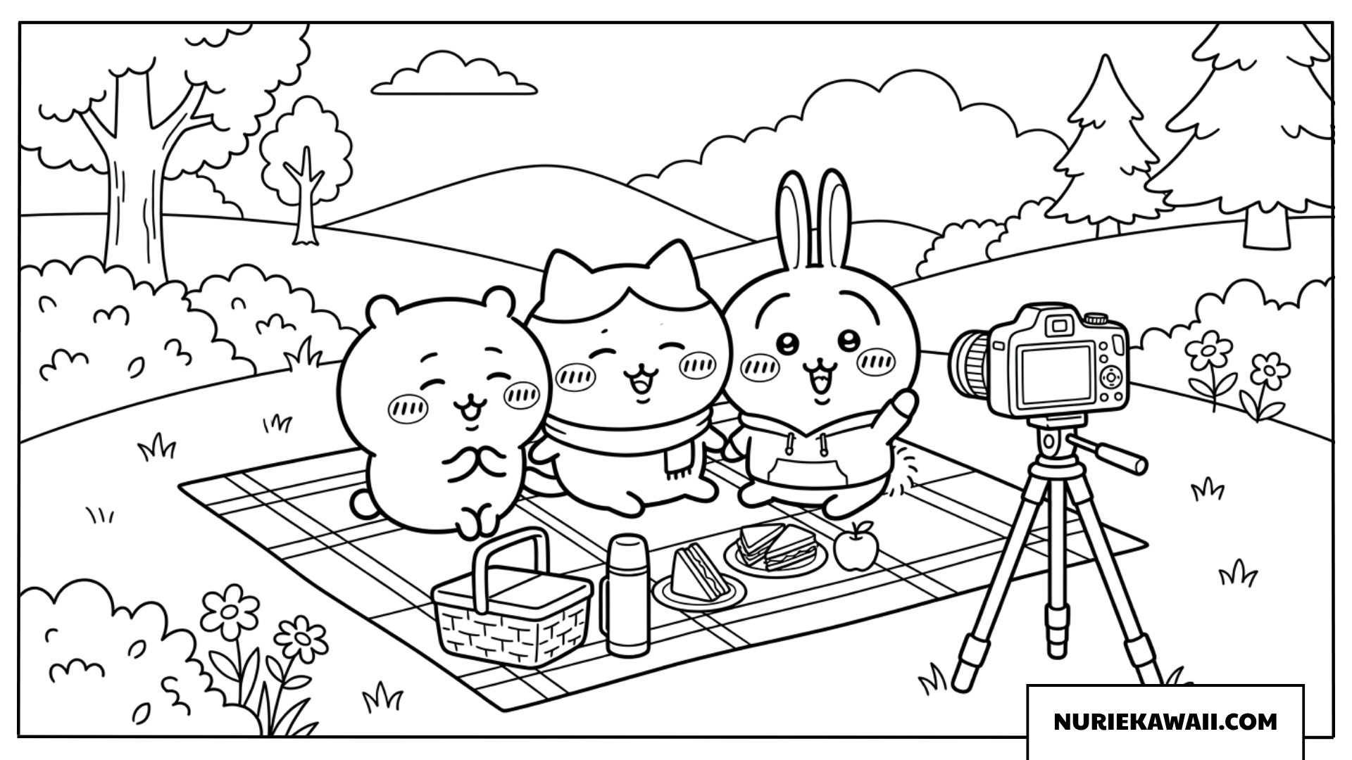 ちいかわたちの記念写真ピクニック塗り絵