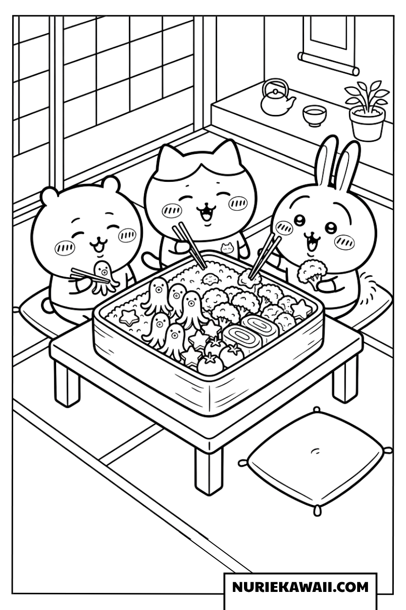 ちいかわたちの豪華なお弁当ピクニック塗り絵