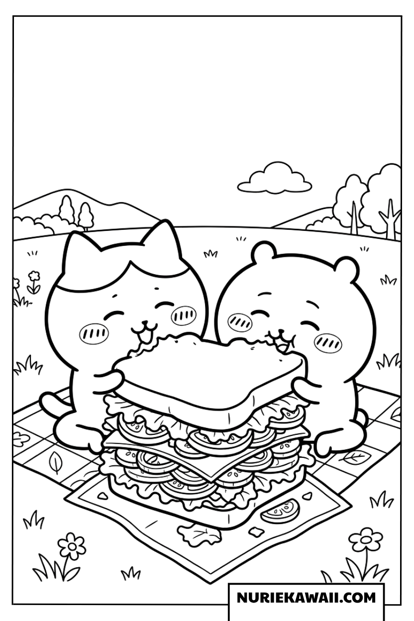 ちいかわとハチワレの特大サンドイッチピクニック塗り絵