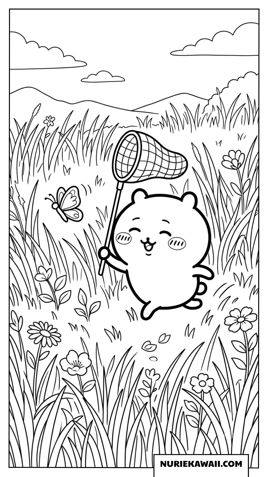 ちいかわの蝶々捕まえピクニック塗り絵