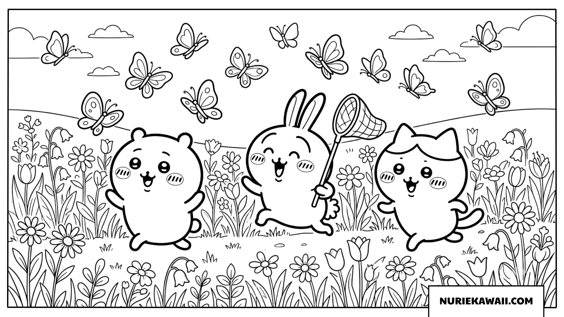 ちいかわハチワレうさぎのお花畑蝶々つかまえましたぬりえ