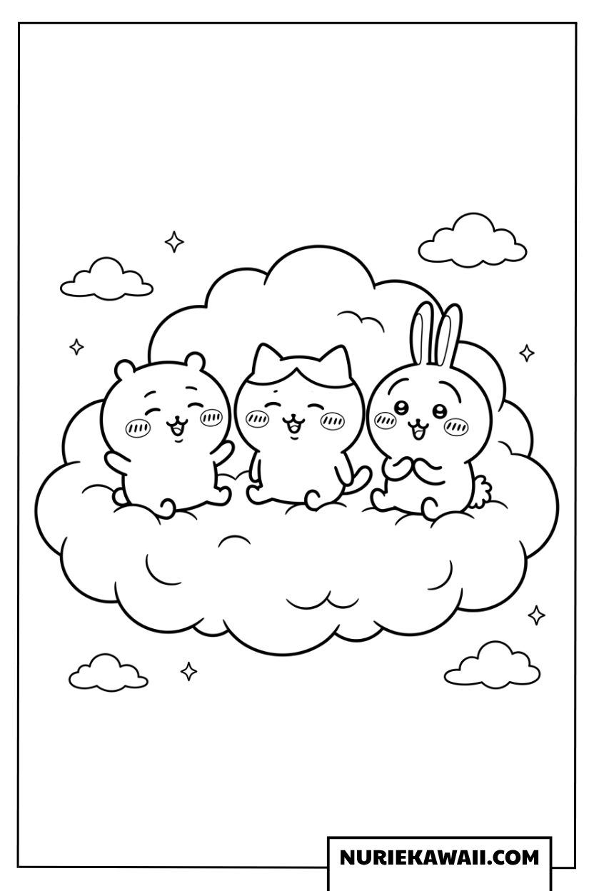 ちいかわハチワレうさぎの雲の上ぬりえ
