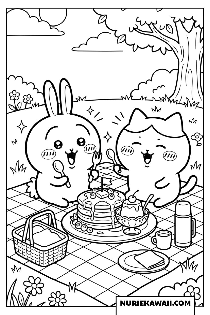 ウサギとハチワレのパンケーキピクニック塗り絵