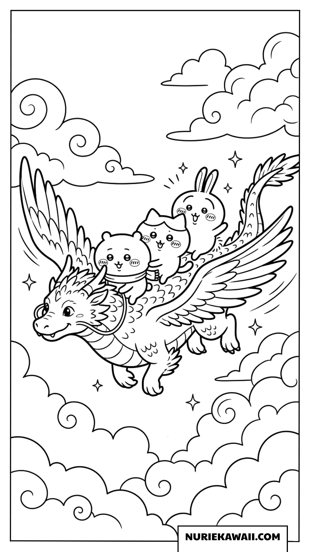 ドラゴンに乗って空を飛ぶちいかわたちの塗り絵
