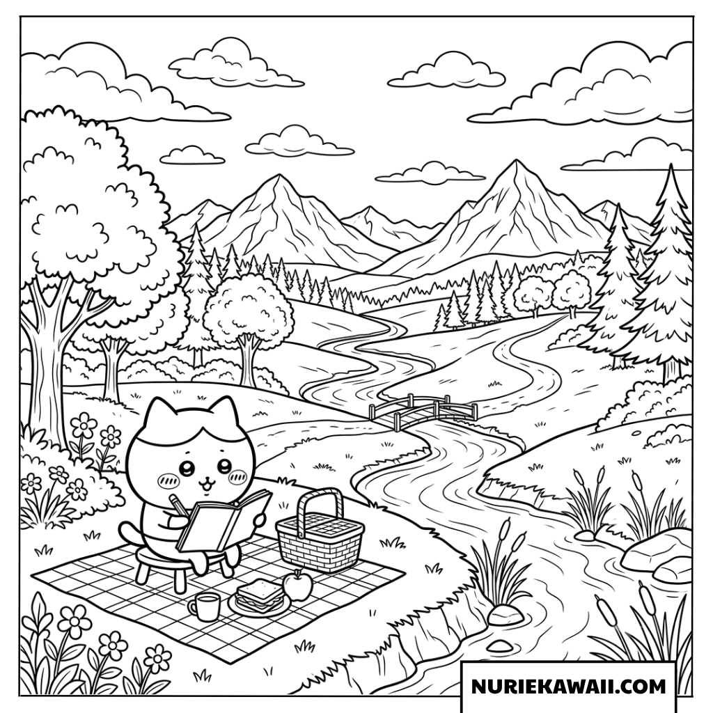 ハチワレの川辺のスケッチピクニック塗り絵