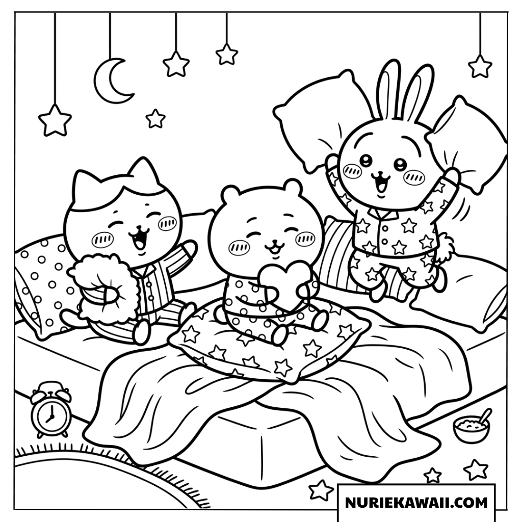パジャマを着てベッドで遊ぶちいかわの塗り絵