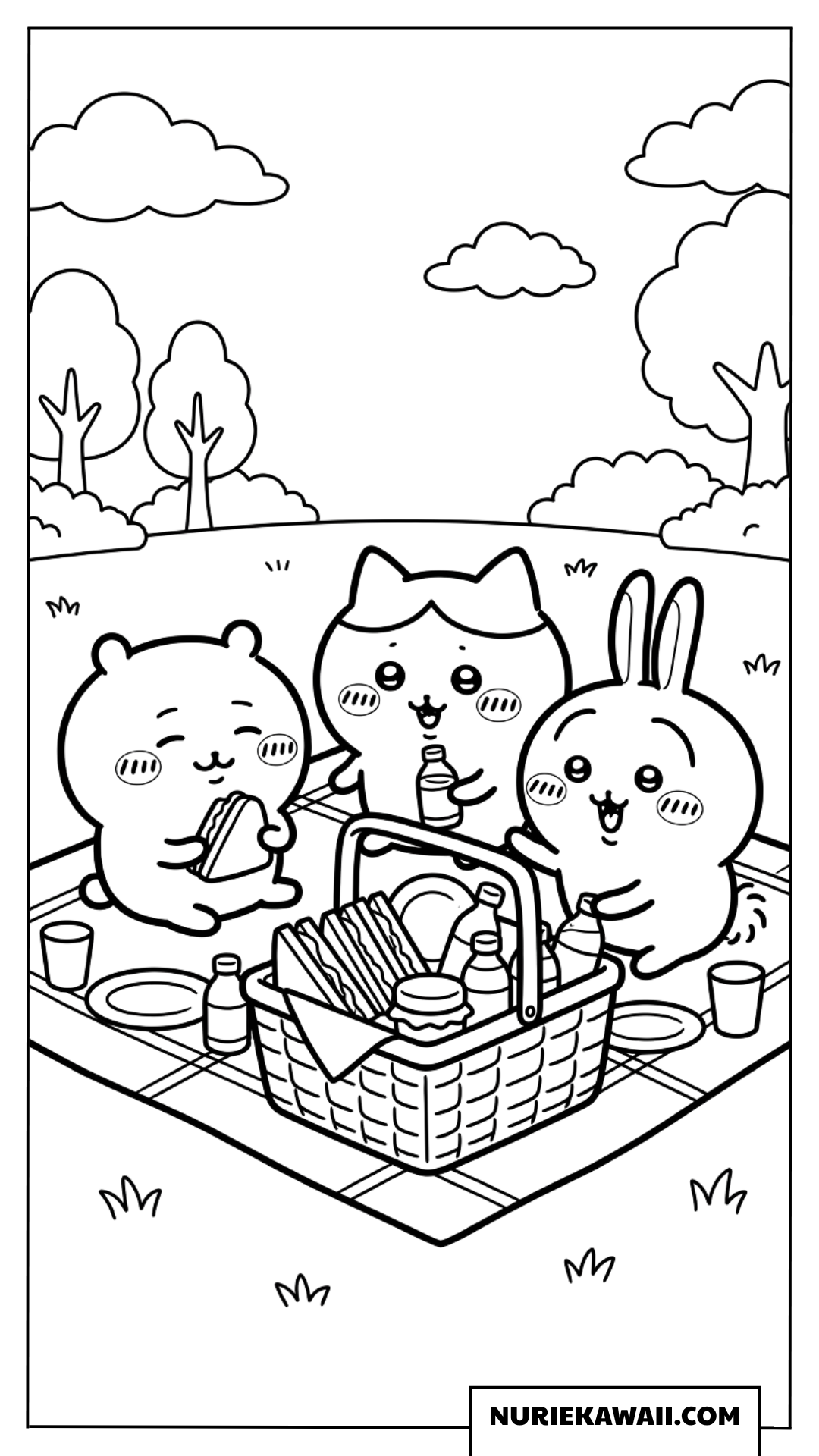 ピクニックでサンドイッチを食べるちいかわたちの塗り絵