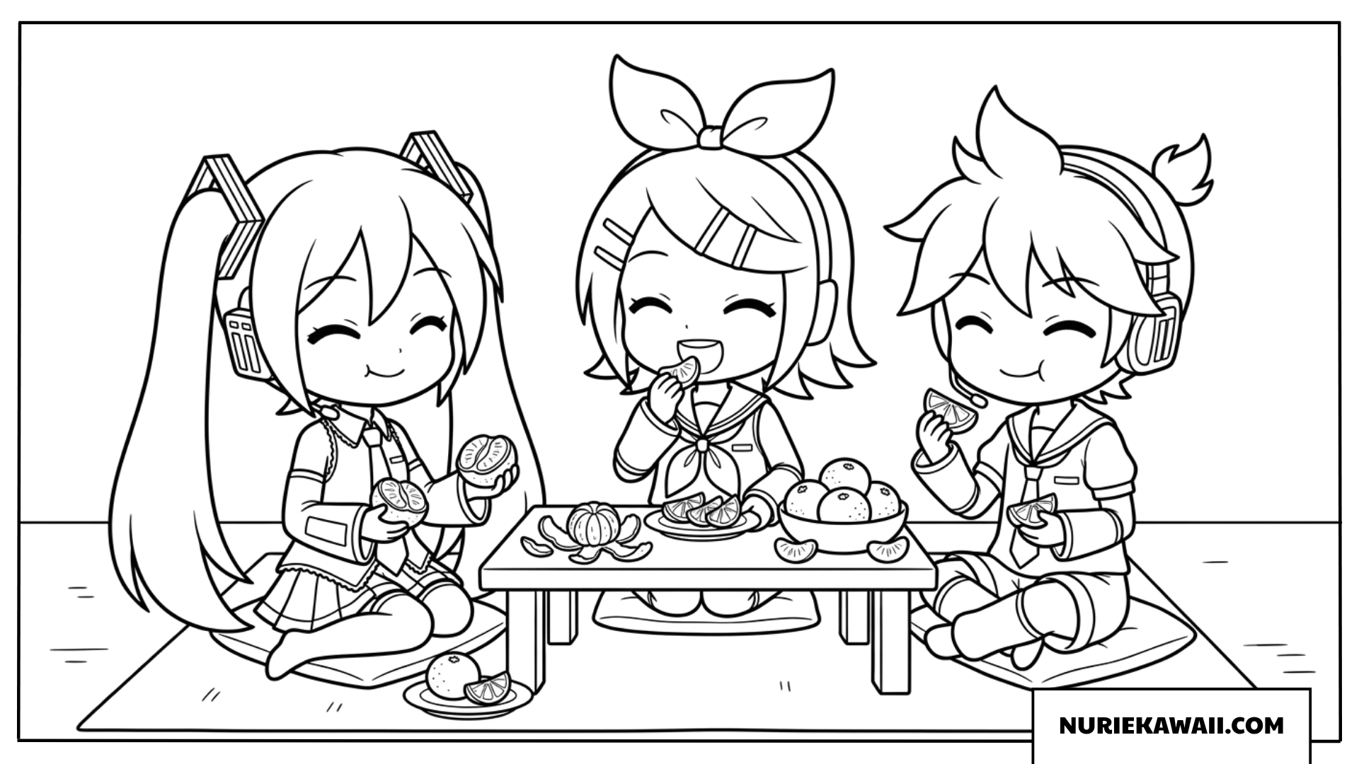 ミクとリンとレンちびキャラみかんを食べる塗り絵