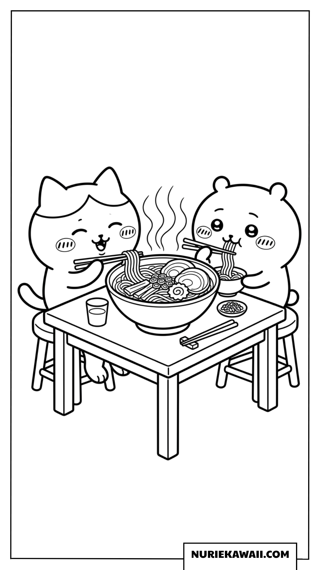 ラーメンを仲良く食べるちいかわとハチワレの塗り絵