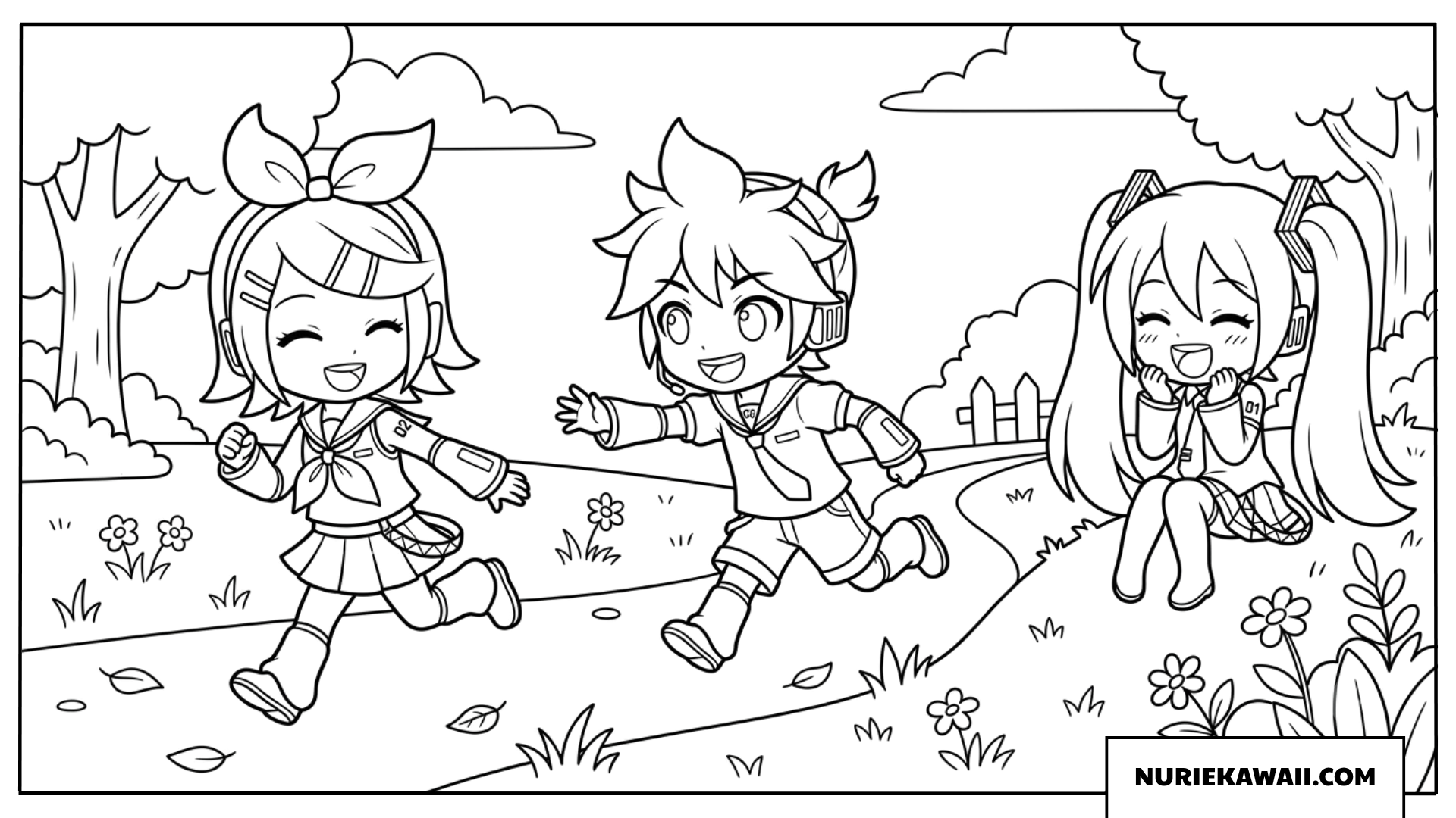 リンとレンちびキャラ公園で追いかけっこをする塗り絵