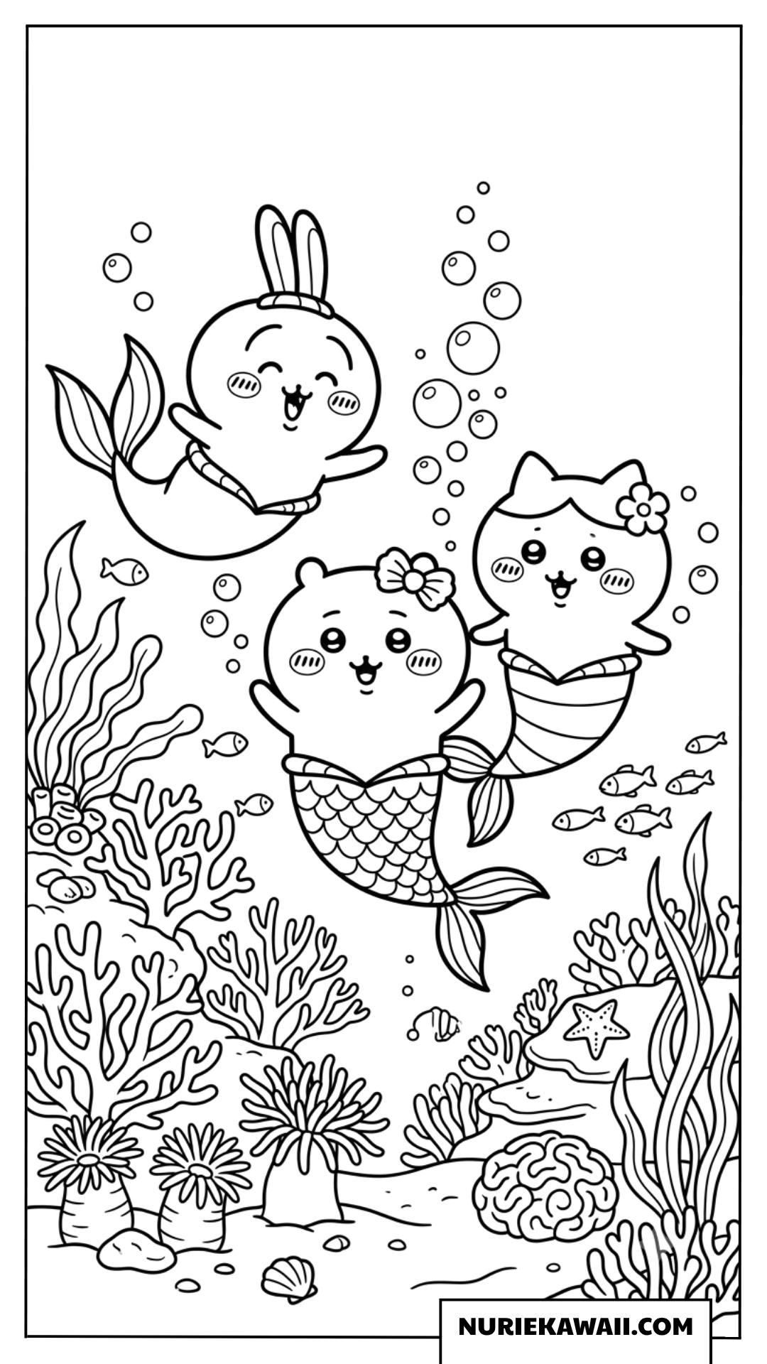 人魚になって海を泳ぐちいかわたちの塗り絵