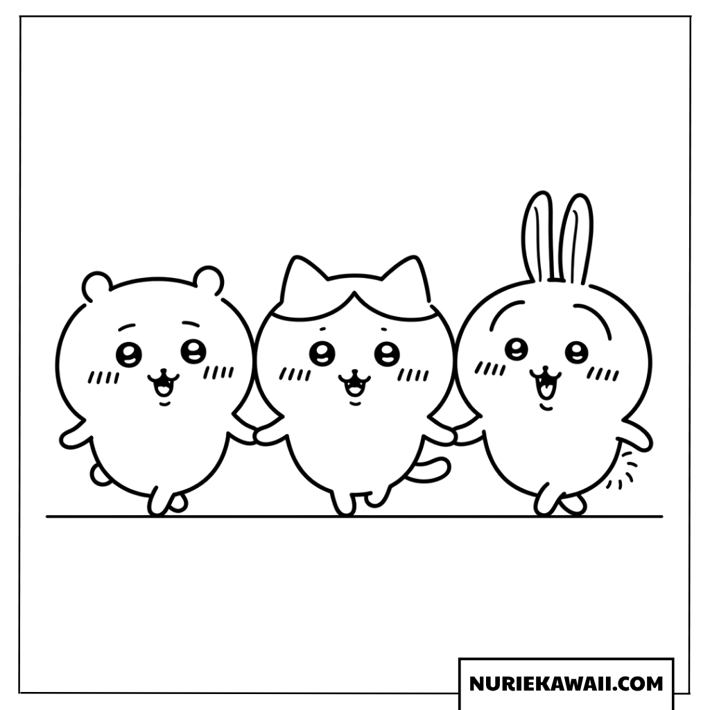 仲良く手を繋ぐちいかわたちの塗り絵