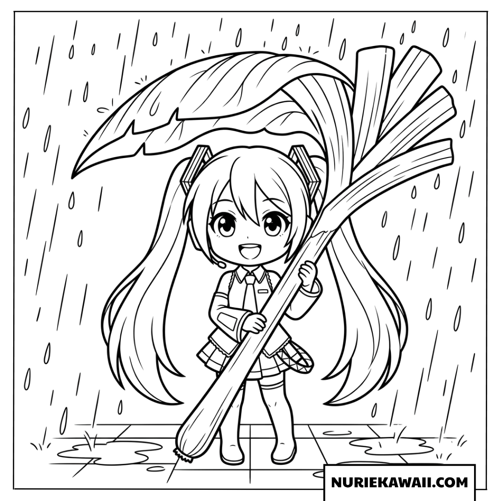 初音ミク ちびキャラ ネギの傘 塗り絵