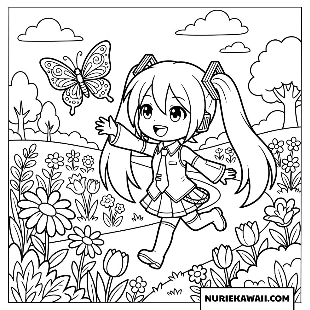 初音ミク ちびキャラ 蝶追いかける 塗り絵