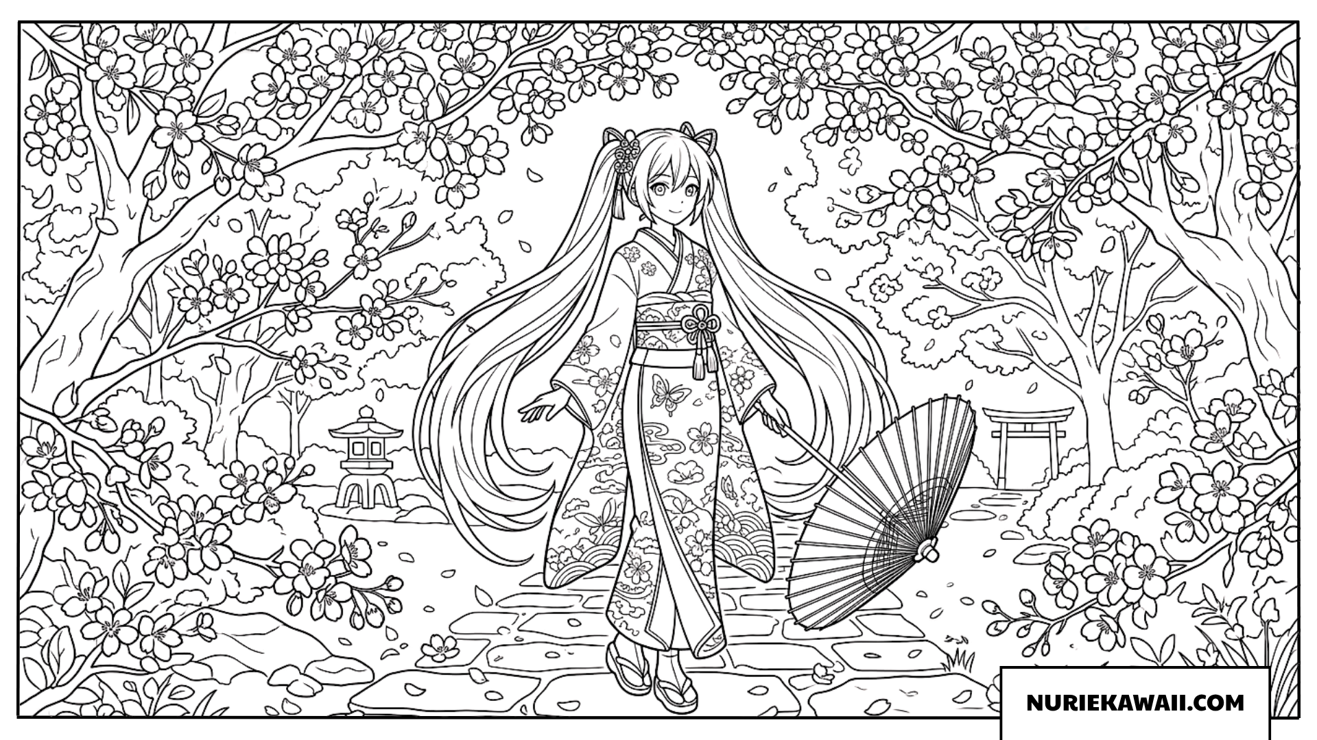 初音ミク 着物 和傘 塗り絵