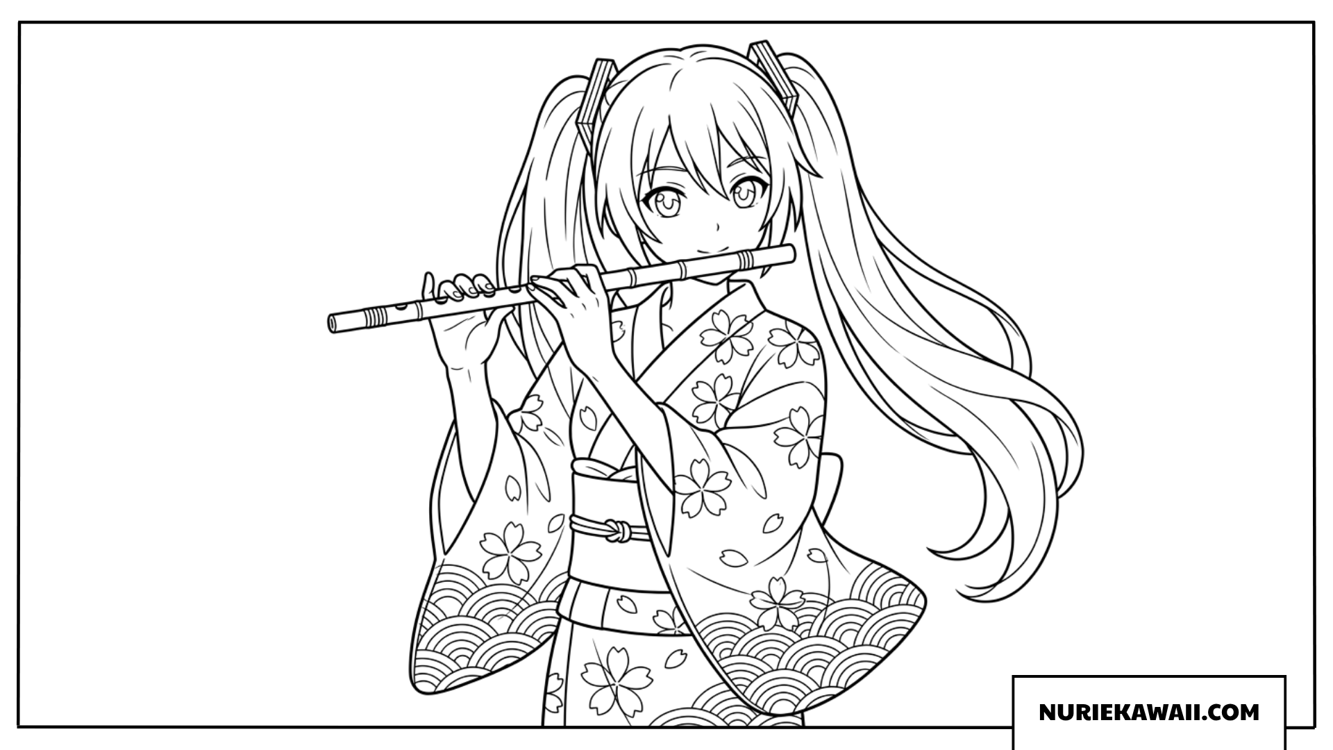 初音ミク 着物 和笛 塗り絵