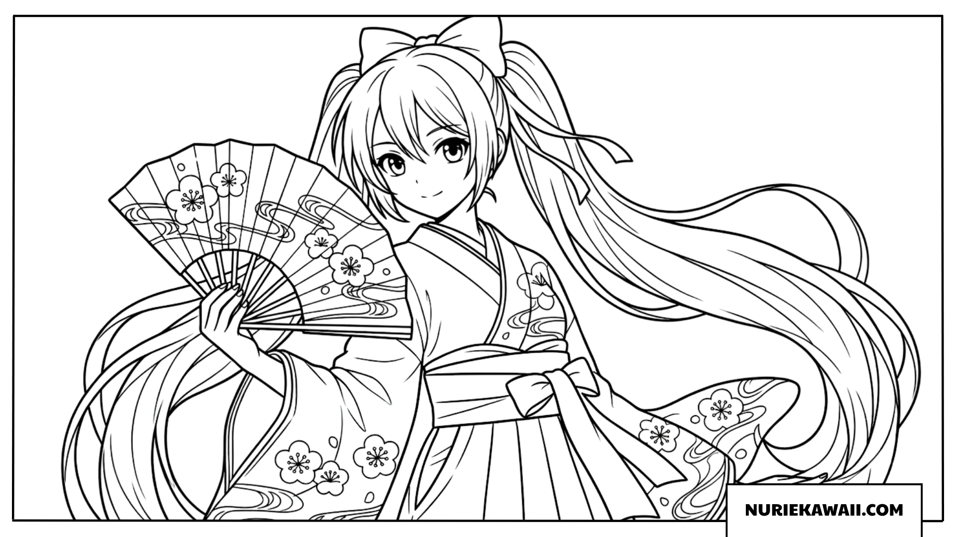 初音ミク 着物 扇子 塗り絵