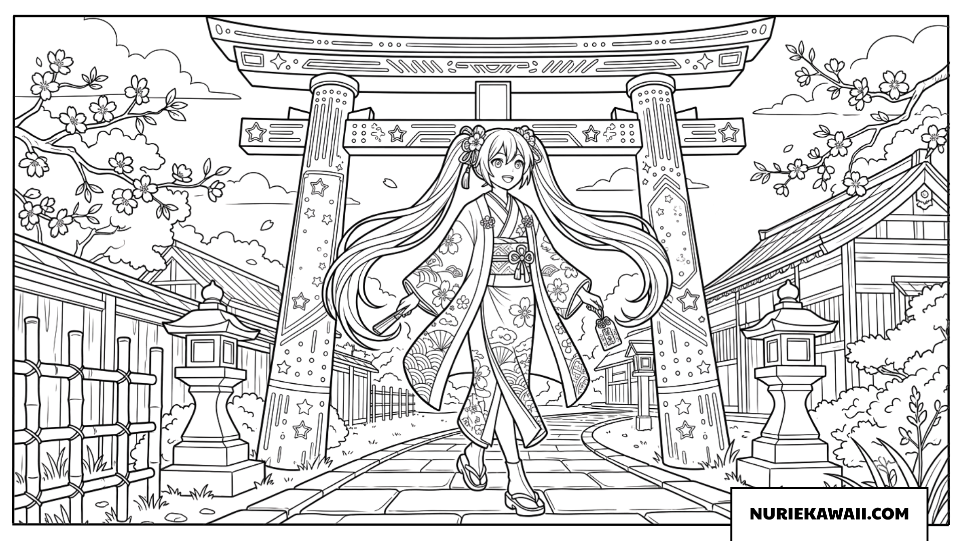 初音ミク 着物 鳥居 塗り絵