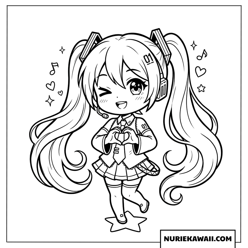 初音ミクちびキャラウインクでハートを作る塗り絵