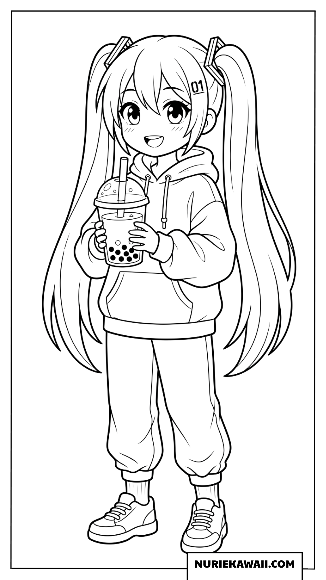 初音ミクちびキャラパーカー姿でタピオカを持つ塗り絵