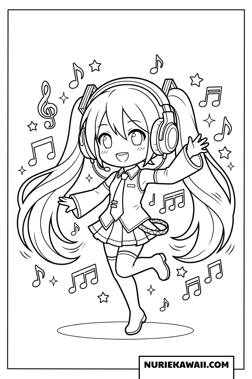 初音ミクちびキャラヘッドホンで踊る塗り絵