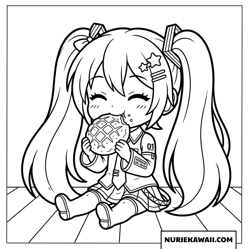 初音ミクちびキャラメロンパンを食べる塗り絵