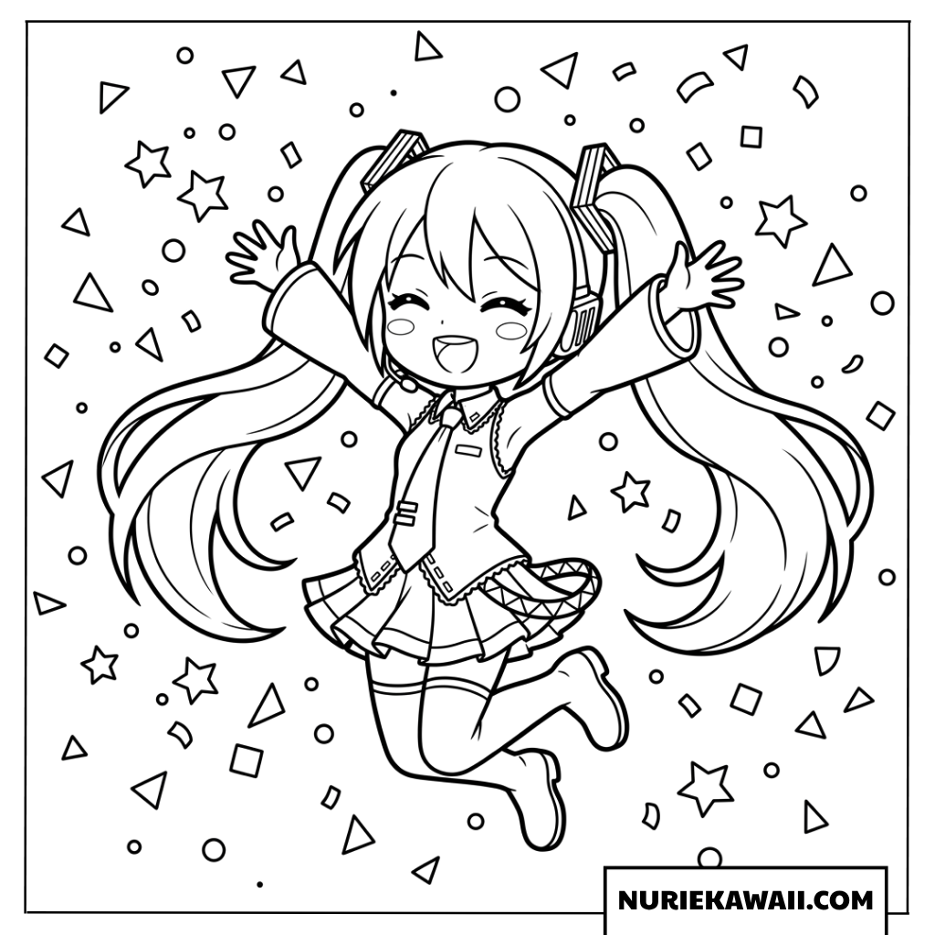 初音ミクちびキャラ元気に跳ねる塗り絵