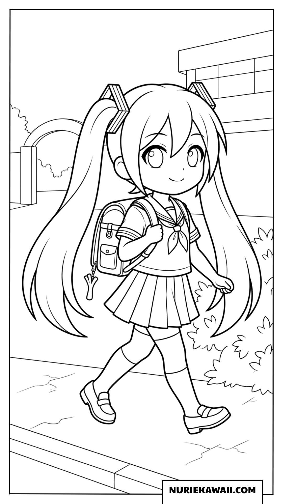 初音ミクちびキャラ制服姿で通学する塗り絵