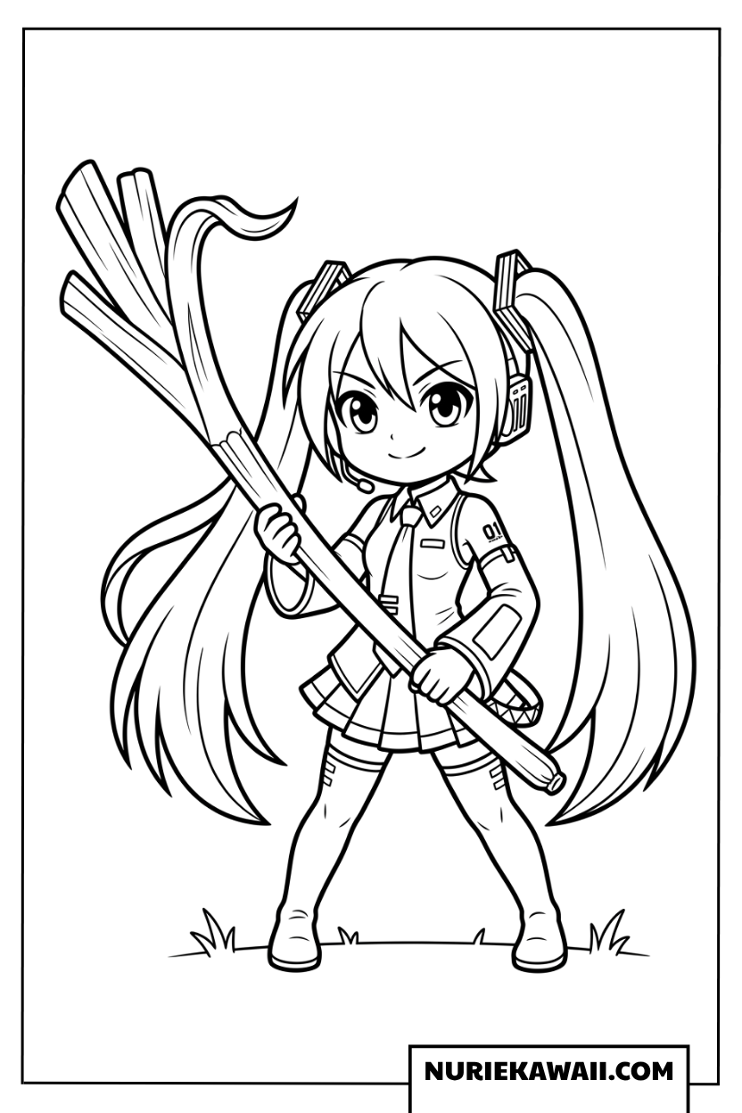 初音ミクちびキャラ大きなネギを持つ塗り絵