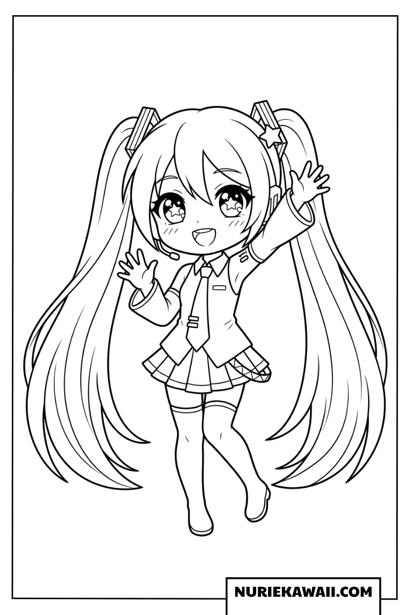 初音ミクちびキャラ笑顔で手を振る塗り絵