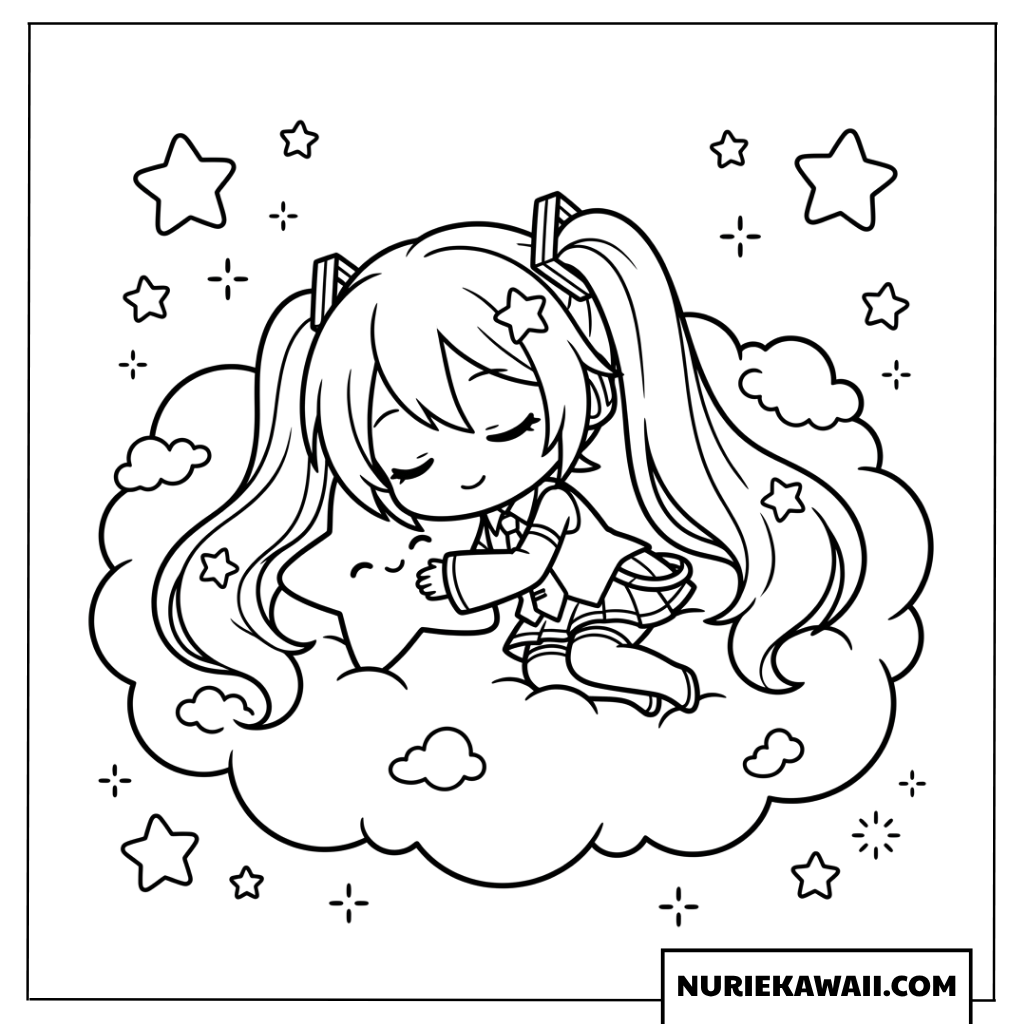 初音ミクちびキャラ雲の上で眠る塗り絵