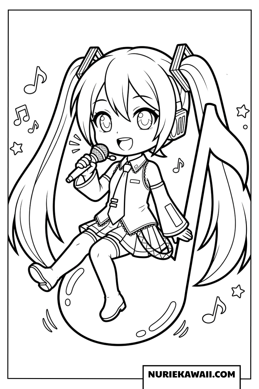 初音ミクちびキャラ音符に乗って歌う塗り絵